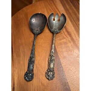 VTG WA Italy Silver-Plated Salad Serving Spoon And Fork Set Floral Embossed